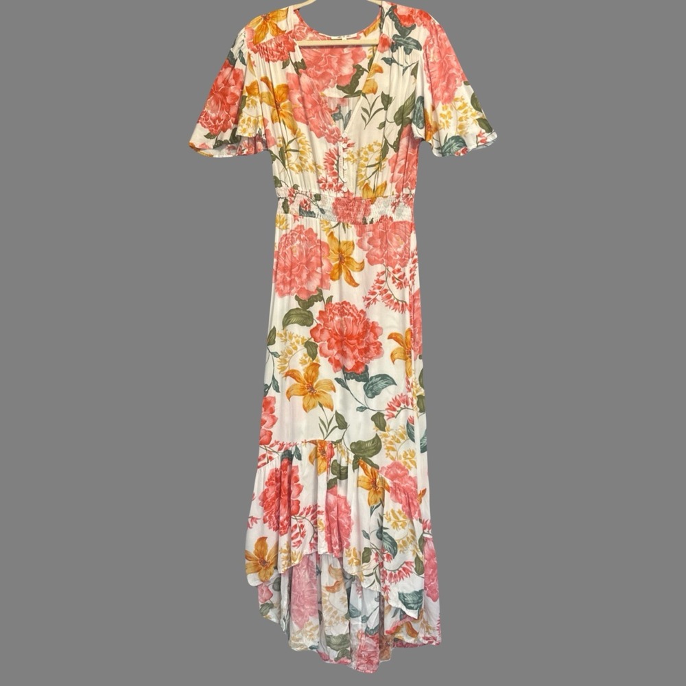 Abel the Label High‎ Low Maxi Dress Floral Print Size S Milkmaid Resort Tropical